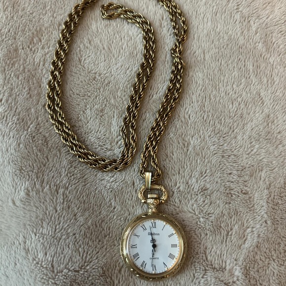 Vintage Armitron Ladies Pocket Watch Pendant, Floral Gold Tone Print - Working - Picture 1 of 8